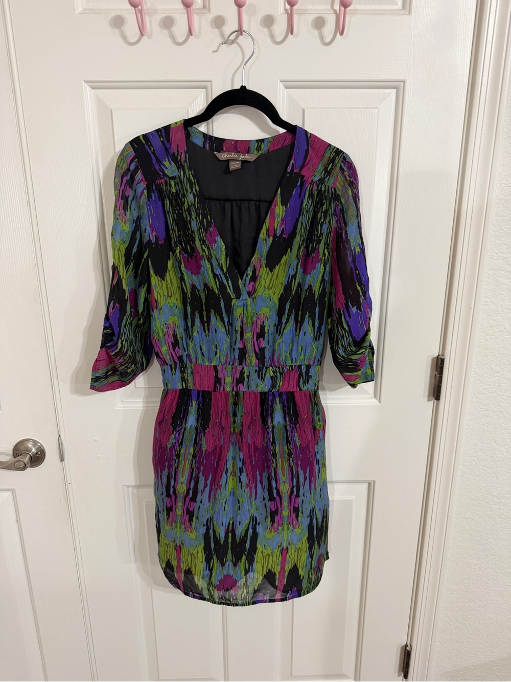Charlie Jade XS 100% Silk Abstract Print Mini Dress Pockets Colorful